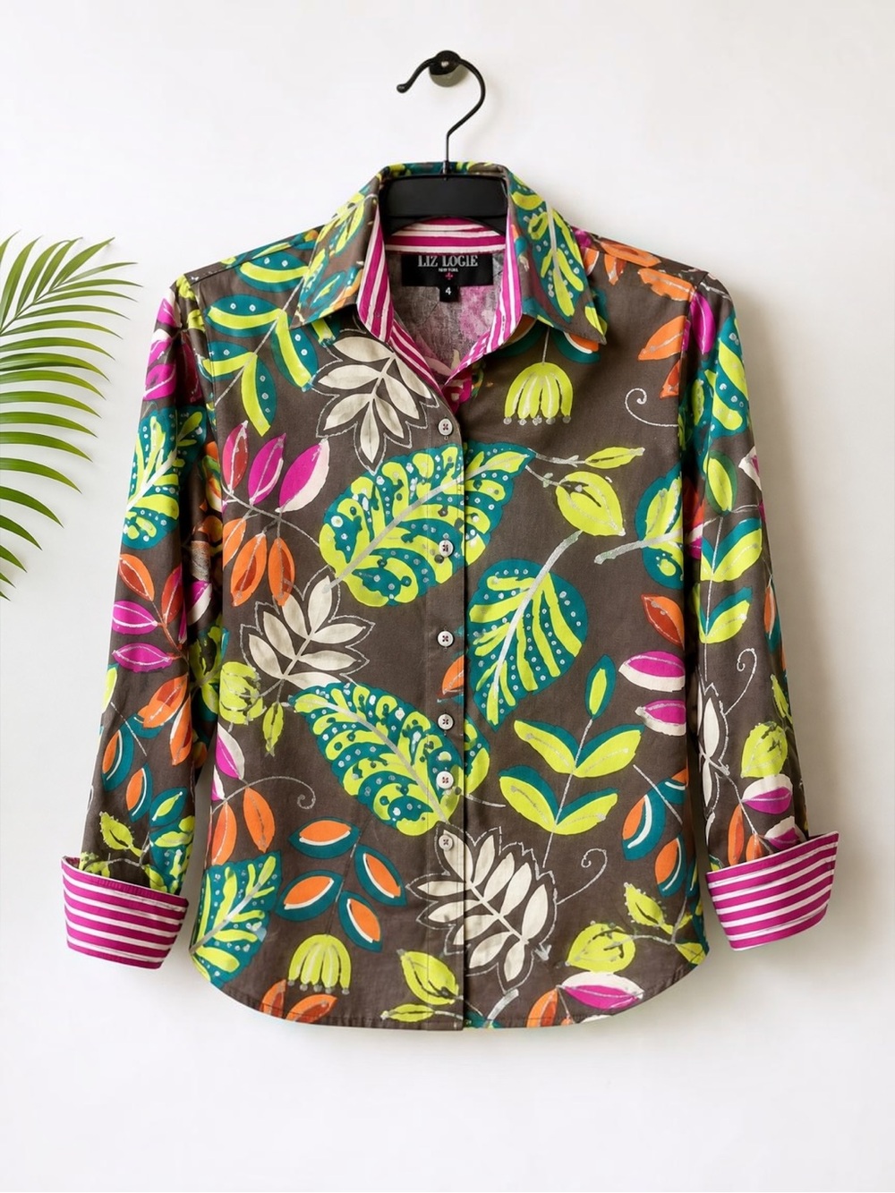 Liz Logie Size 4 Tropical Botanical Metallic Print Contrast Cuff Shirt USA